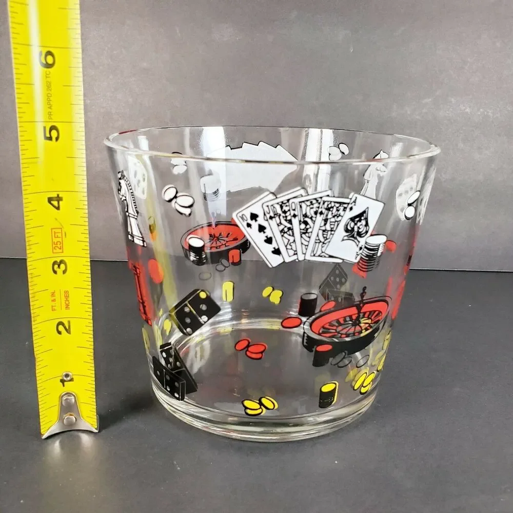 Vtg Clear Glass Ice Bucket Poker Chess Gambling Casino Theme Barware MCM